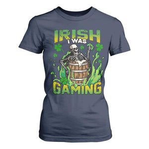 Irish Skeleton T Shirt For Women Irish I Was Gaming Funny St Patrick's Day Gamer Gaming Skull TS02 Navy Print Your Wear
