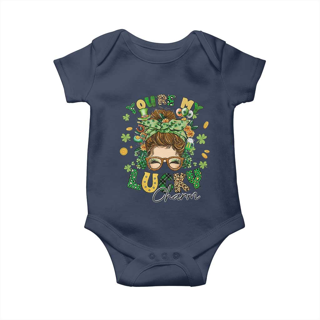 Funny St Patricks Day Baby Onesie You Are My Lucky Charm Shamrock Messy Bun TS02 Navy Print Your Wear