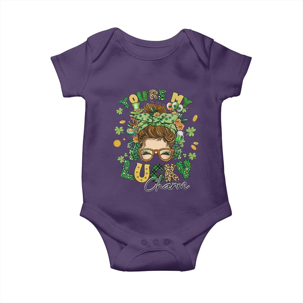 Funny St Patricks Day Baby Onesie You Are My Lucky Charm Shamrock Messy Bun TS02 Purple Print Your Wear