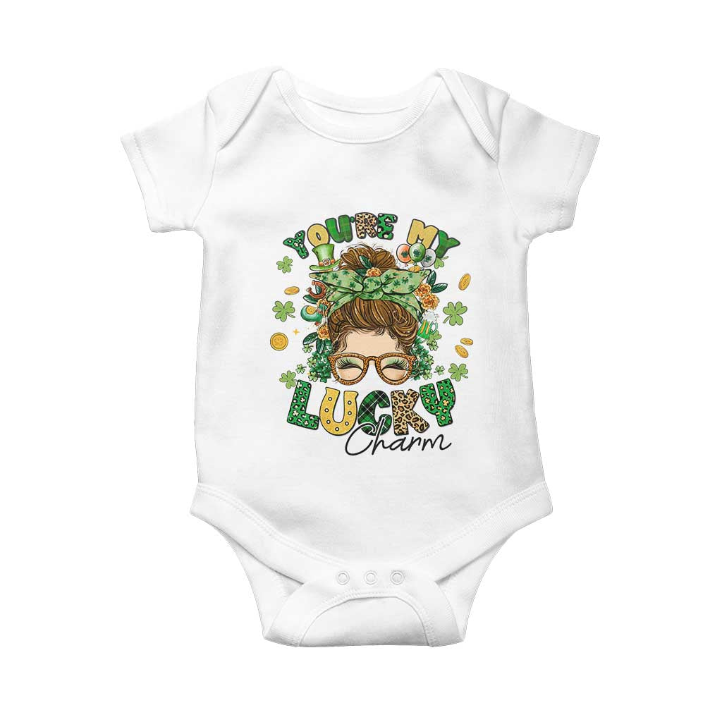 Funny St Patricks Day Baby Onesie You Are My Lucky Charm Shamrock Messy Bun TS02 White Print Your Wear