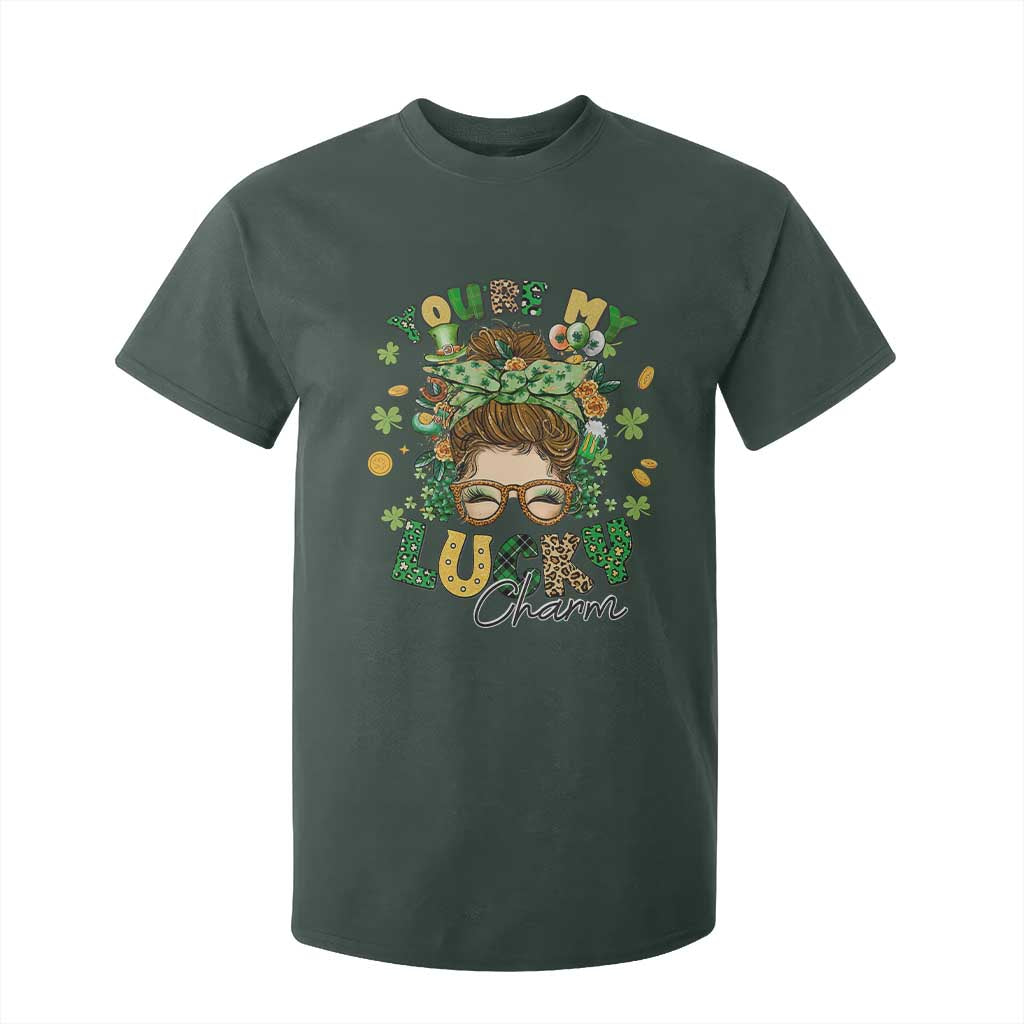 Funny St Patricks Day T Shirt For Kid You Are My Lucky Charm Shamrock Messy Bun TS02 Dark Forest Green Print Your Wear
