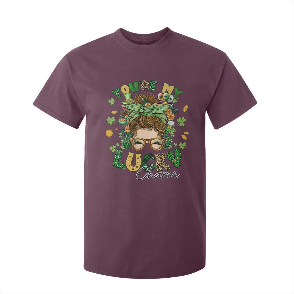 Funny St Patricks Day T Shirt For Kid You Are My Lucky Charm Shamrock Messy Bun TS02 Maroon Print Your Wear