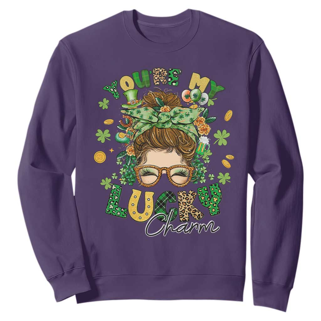 Funny St. Patricks Day Sweatshirt You Are My Lucky Charm Shamrock Messy Bun TS02 Purple Printyourwear