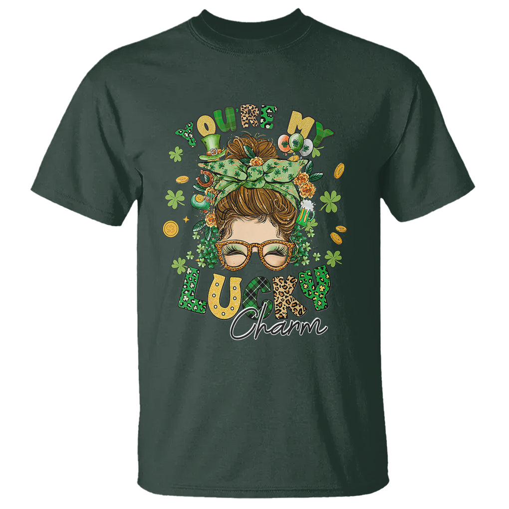 Funny St. Patricks Day T Shirt You Are My Lucky Charm Shamrock Messy Bun TS02 Dark Forest Green Printyourwear