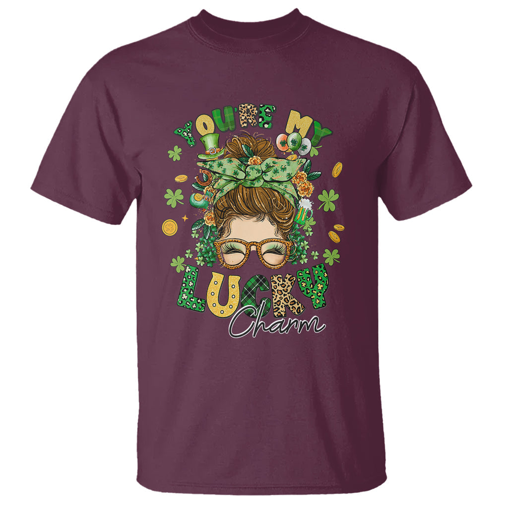Funny St. Patricks Day T Shirt You Are My Lucky Charm Shamrock Messy Bun TS02 Maroon Printyourwear