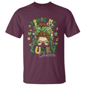 Funny St. Patricks Day T Shirt You Are My Lucky Charm Shamrock Messy Bun TS02 Maroon Printyourwear