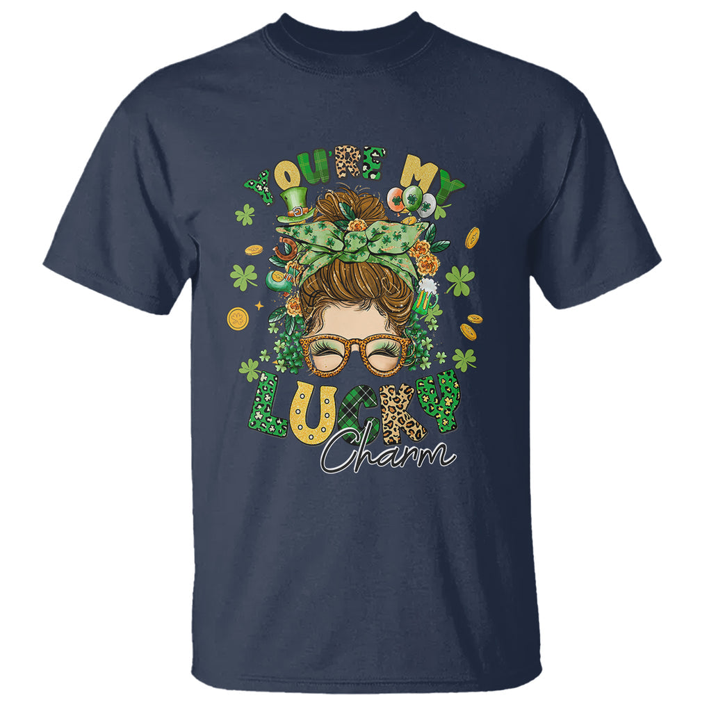 Funny St. Patricks Day T Shirt You Are My Lucky Charm Shamrock Messy Bun TS02 Navy Printyourwear