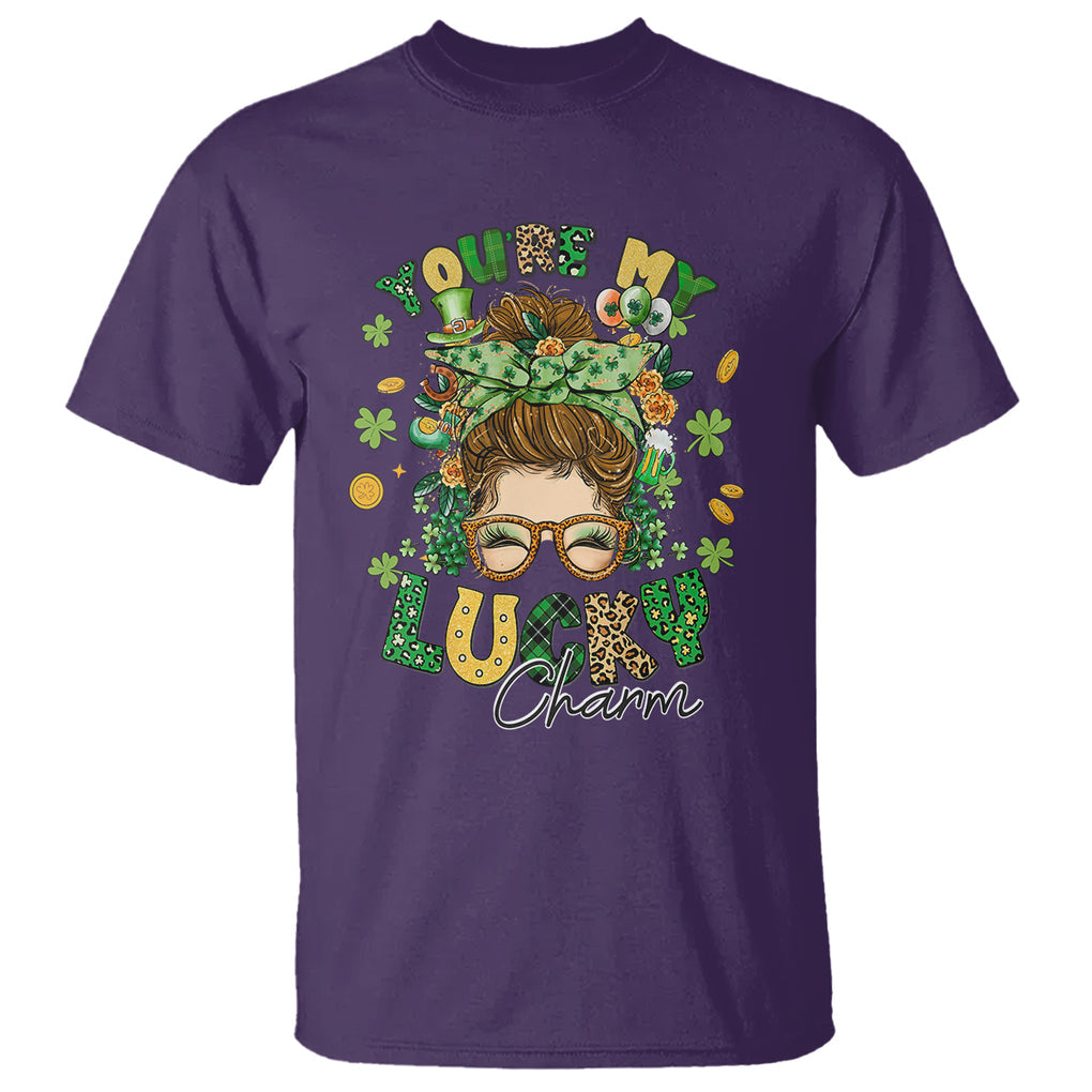 Funny St. Patricks Day T Shirt You Are My Lucky Charm Shamrock Messy Bun TS02 Purple Printyourwear