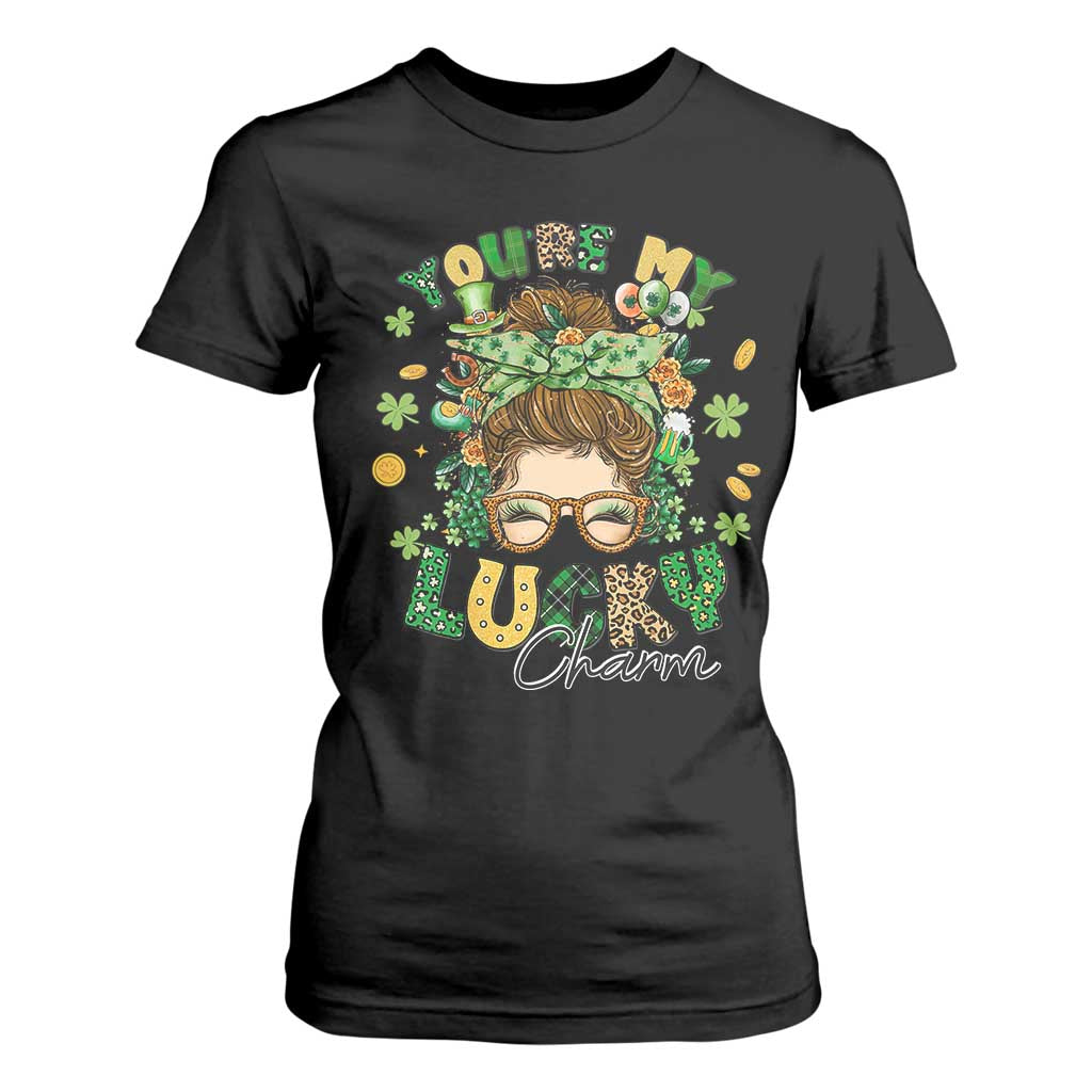 Funny St Patricks Day T Shirt For Women You Are My Lucky Charm Shamrock Messy Bun TS02 Black Print Your Wear