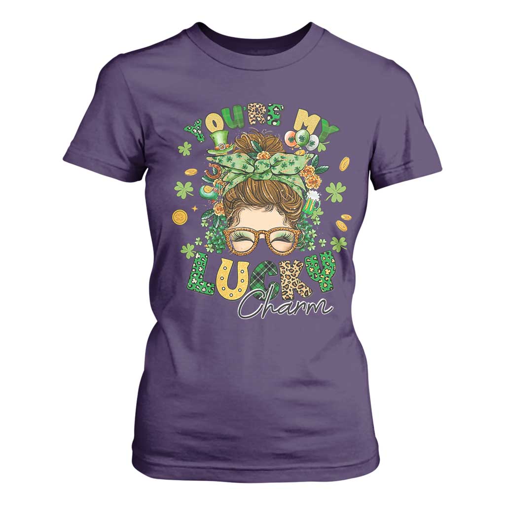 Funny St Patricks Day T Shirt For Women You Are My Lucky Charm Shamrock Messy Bun TS02 Purple Print Your Wear