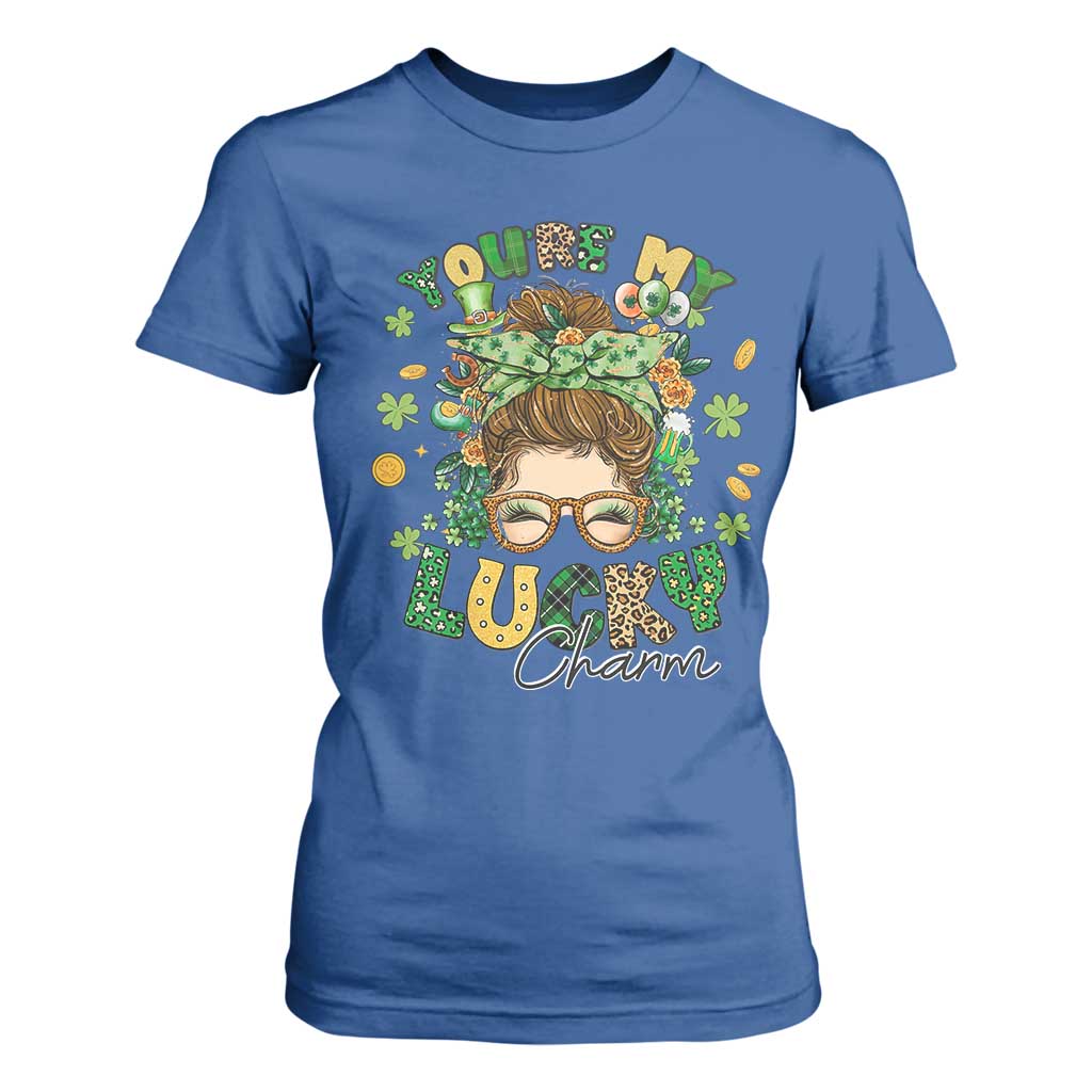 Funny St Patricks Day T Shirt For Women You Are My Lucky Charm Shamrock Messy Bun TS02 Royal Blue Print Your Wear