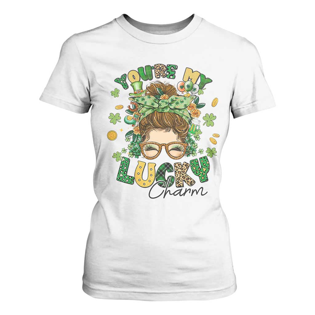 Funny St Patricks Day T Shirt For Women You Are My Lucky Charm Shamrock Messy Bun TS02 White Print Your Wear