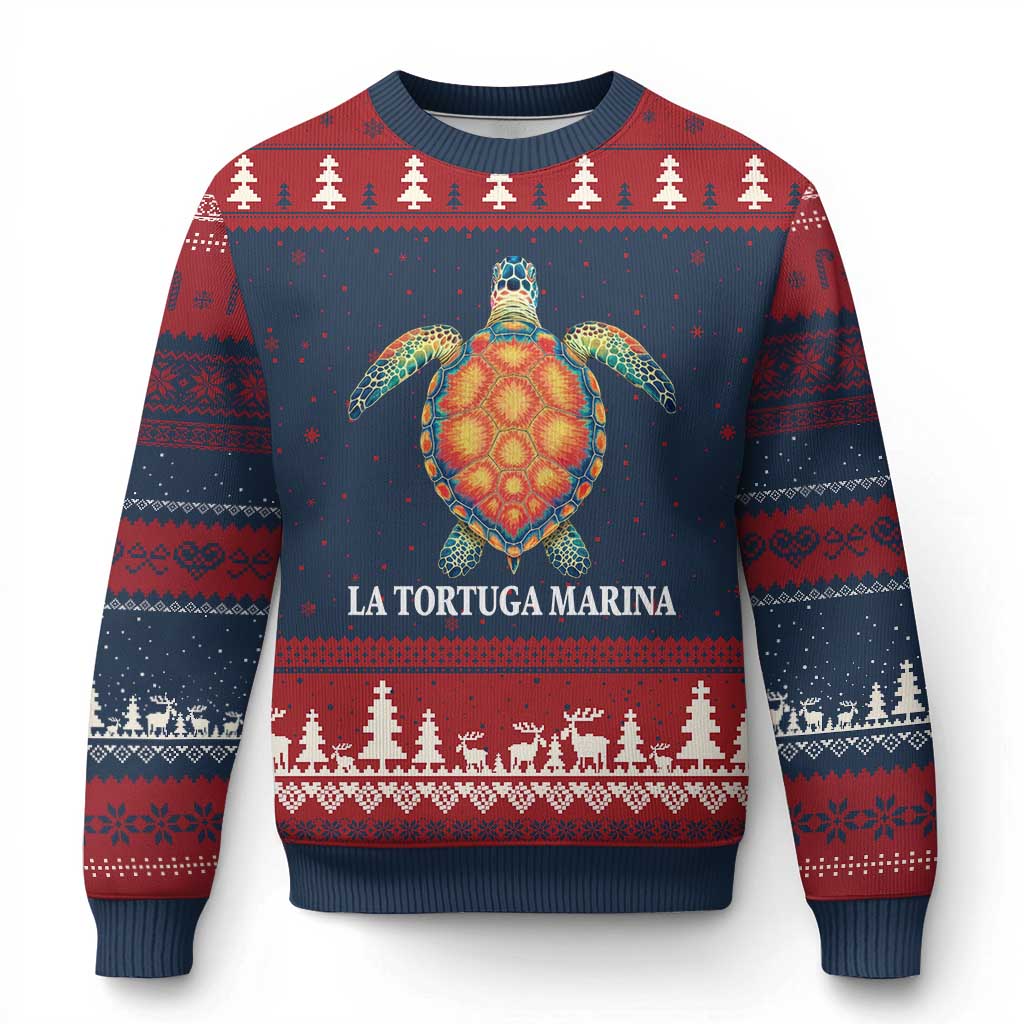 La Tortuga Marina Ugly Christmas Sweater Sea Turtle Gulf Of Mexico Forever TS02 Navy Red Print Your Wear