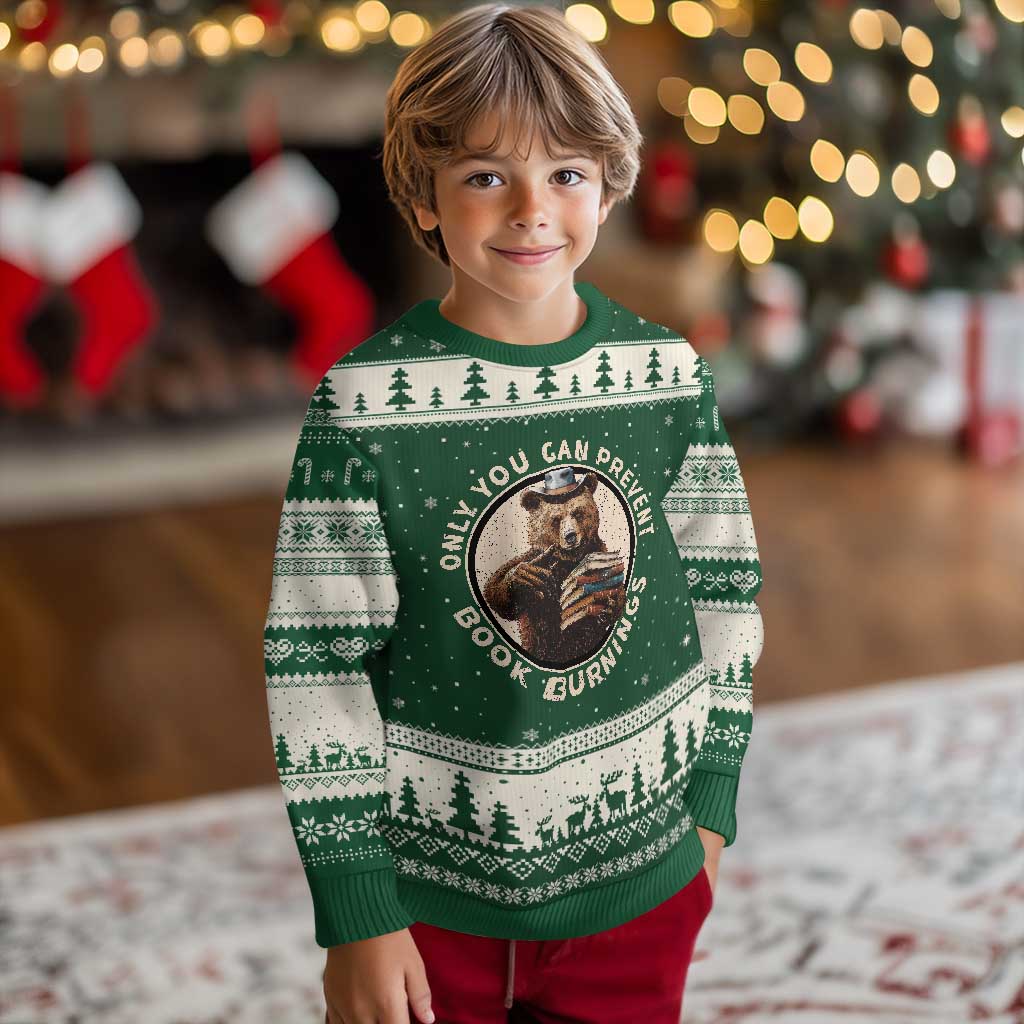 Funny Books Lover Bear Ugly Christmas Sweater Only You Can Prevent Book Burnings TS02 Forest Green Beige Print Your Wear