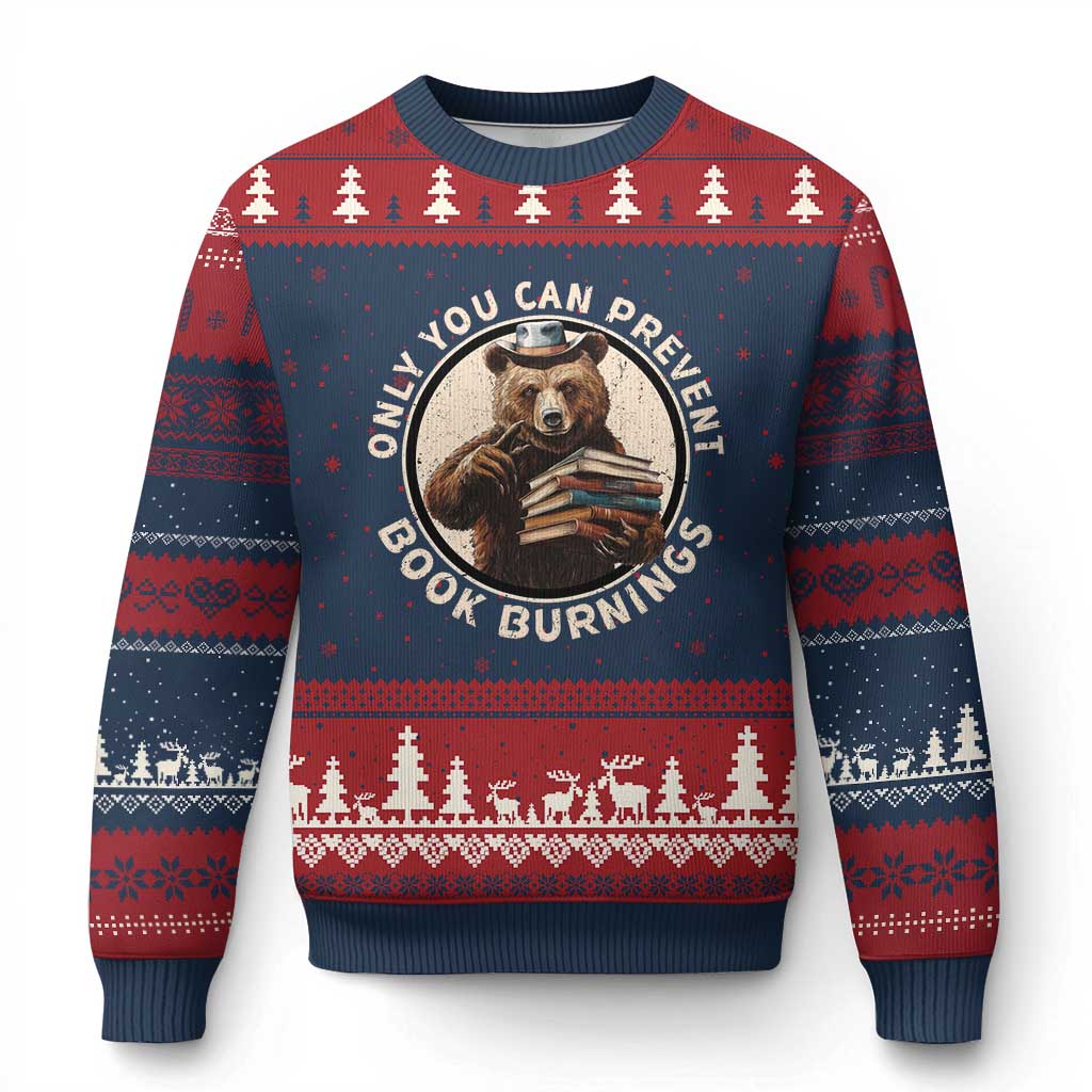 Funny Books Lover Bear Ugly Christmas Sweater Only You Can Prevent Book Burnings TS02 Navy Red Print Your Wear
