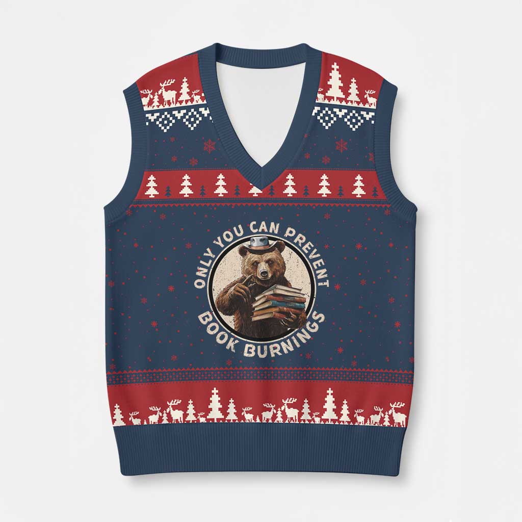 Funny Books Lover Bear V-Neck Knit Sweater Vest Only You Can Prevent Book Burnings TS02 Navy Red Print Your Wear