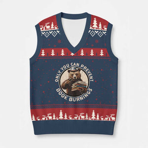 Funny Books Lover Bear V-Neck Knit Sweater Vest Only You Can Prevent Book Burnings TS02 Navy Red Print Your Wear
