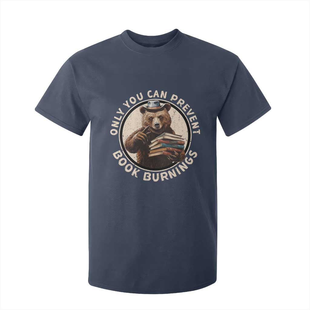 Funny Books Lover Bear T Shirt For Kid Only You Can Prevent Book Burnings TS02 Navy Print Your Wear