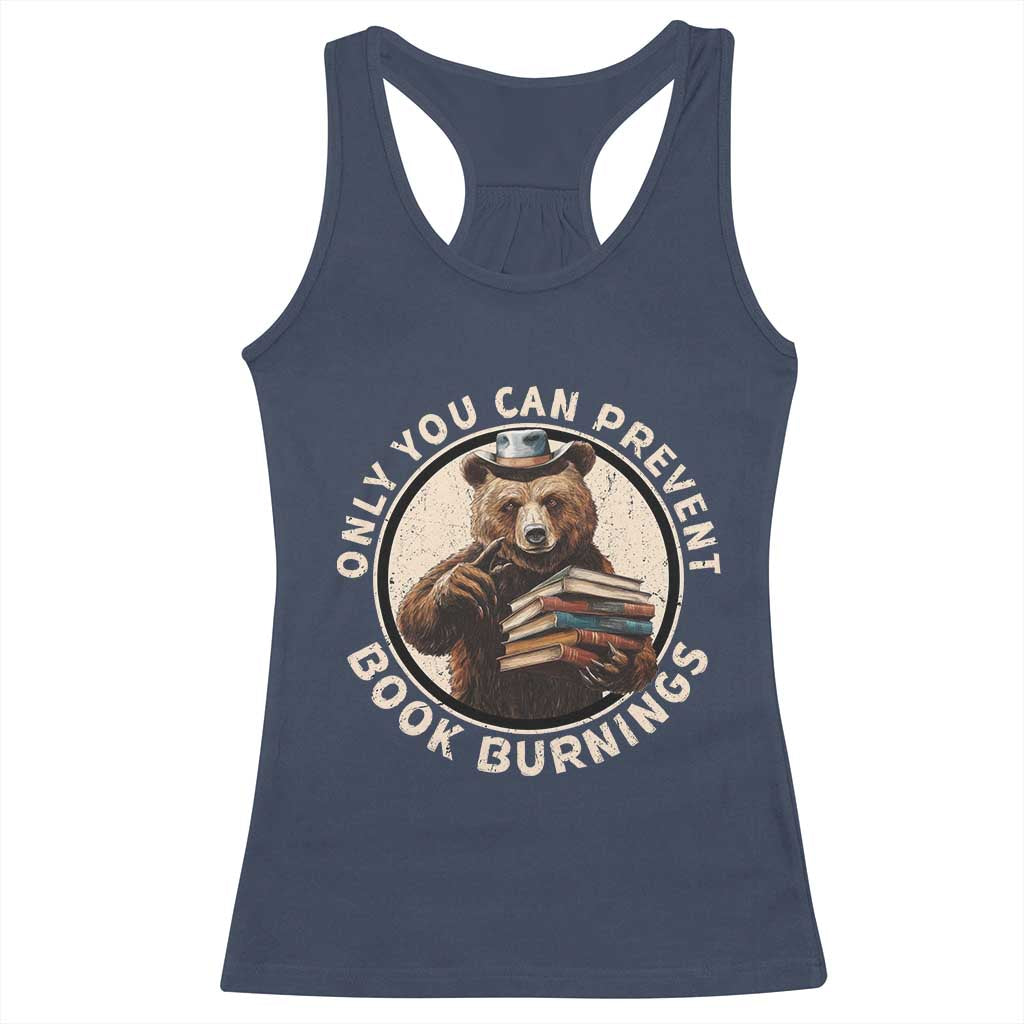 Funny Books Lover Bear Racerback Tank Top Only You Can Prevent Book Burnings TS02 Navy Print Your Wear