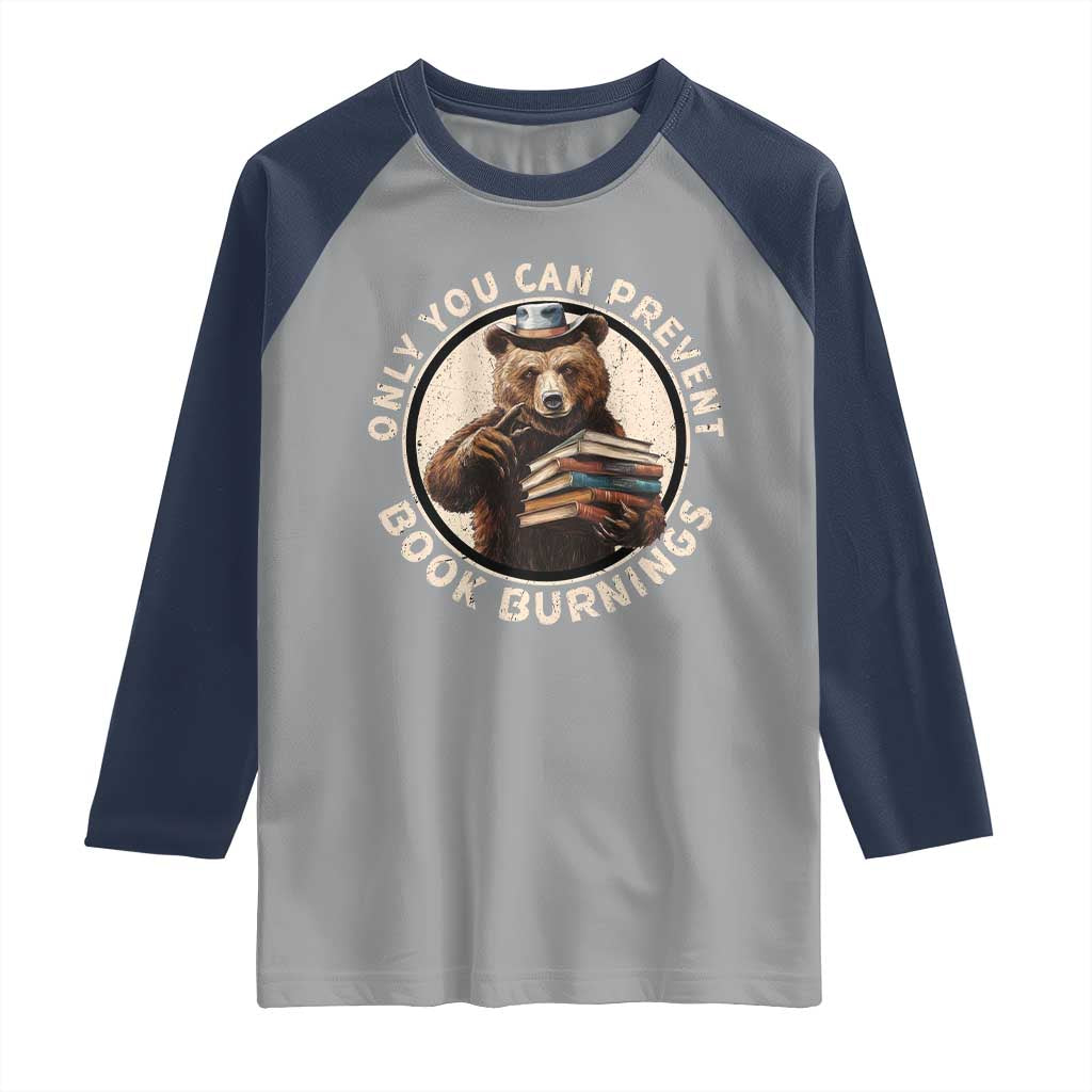 Funny Books Lover Bear Raglan Shirt Only You Can Prevent Book Burnings TS02 Sport Gray Navy Print Your Wear