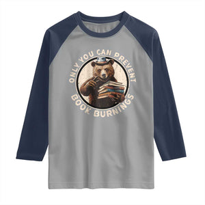 Funny Books Lover Bear Raglan Shirt Only You Can Prevent Book Burnings TS02 Sport Gray Navy Print Your Wear