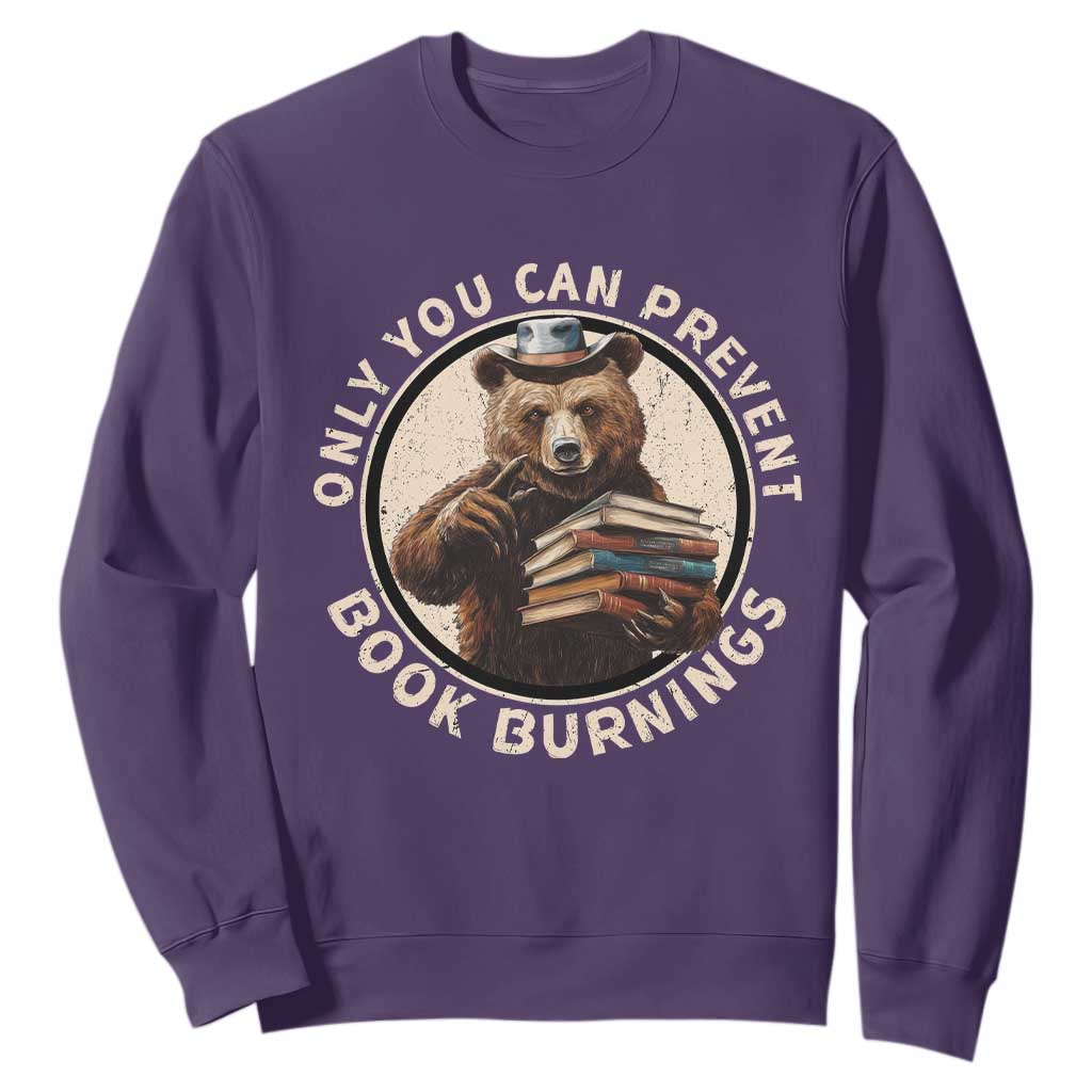 Funny Books Lover Bear Sweatshirt Only You Can Prevent Book Burnings TS02 Purple Print Your Wear