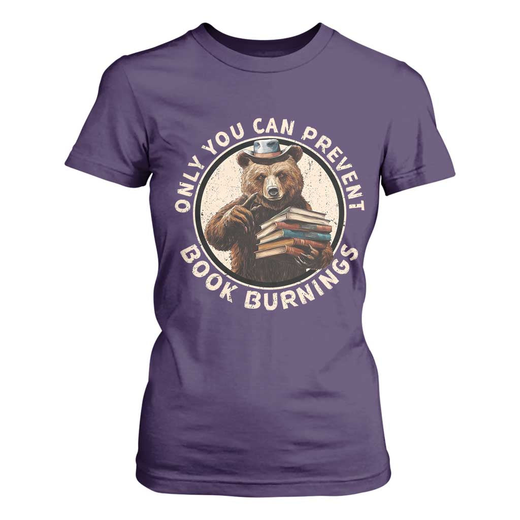 Funny Books Lover Bear T Shirt For Women Only You Can Prevent Book Burnings TS02 Purple Print Your Wear