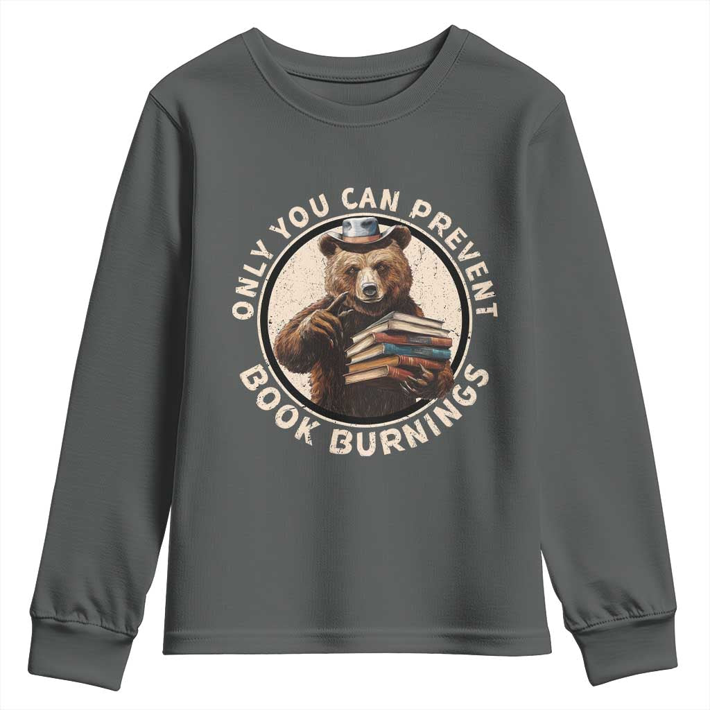 Funny Books Lover Bear Youth Sweatshirt Only You Can Prevent Book Burnings TS02 Dark Heather Print Your Wear