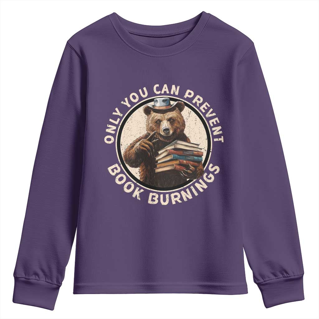 Funny Books Lover Bear Youth Sweatshirt Only You Can Prevent Book Burnings TS02 Purple Print Your Wear