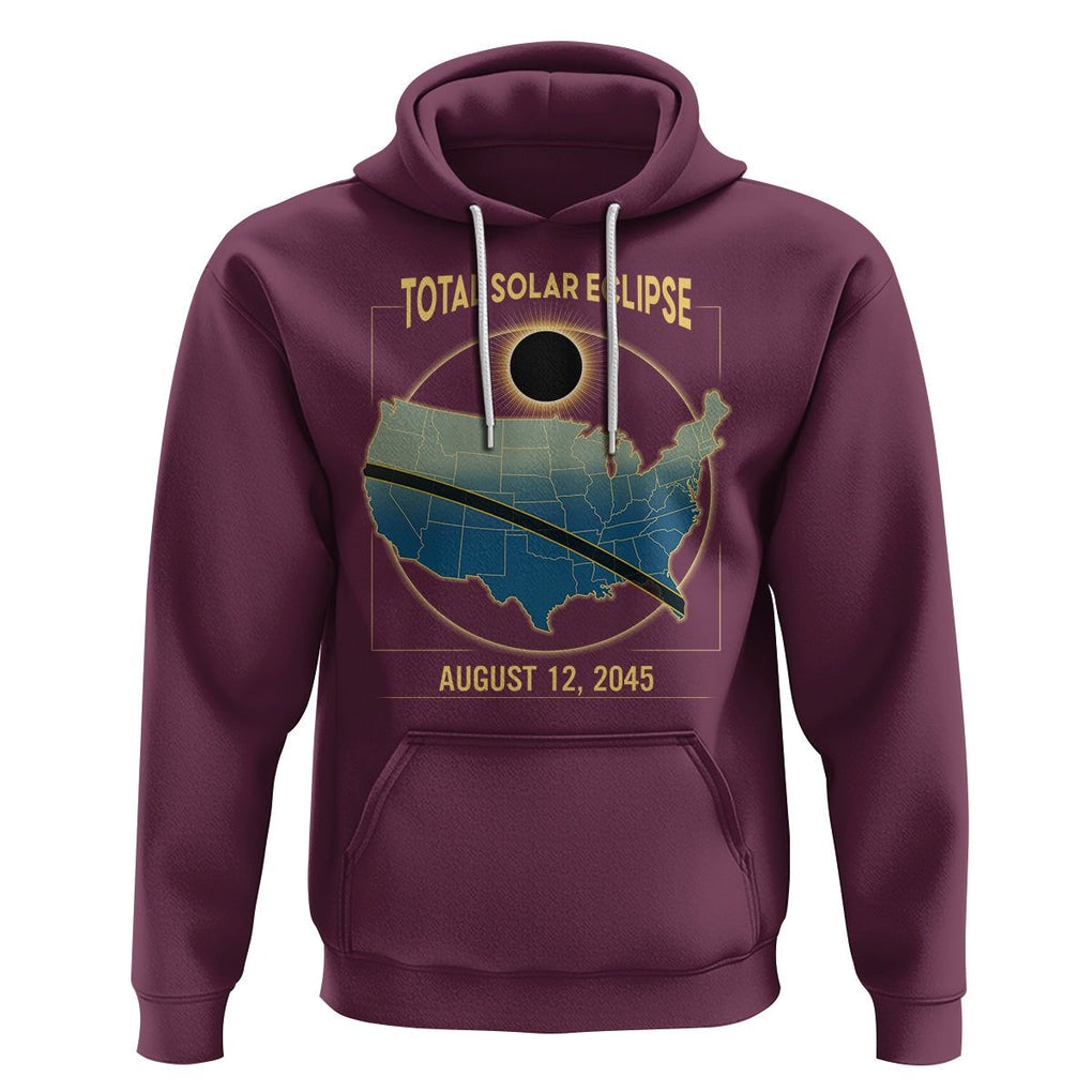 Total Solar Eclipse 2045 Hoodie American Totality Tour Map August 12 TS02 Maroon Printyourwear