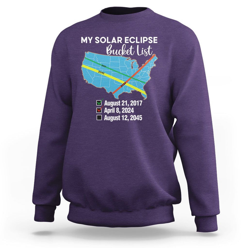 Total Solar Eclipse 2045 Sweatshirt My Totality Bucket List 2017 2024 2045 Tour Map TS02 Purple Printyourwear
