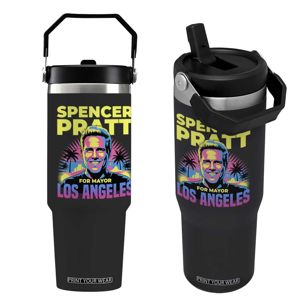 Spencer Pratt for Mayor Los Angeles Synthwave Graphic Flip Straw Tumbler Retro Neon California Supporter TS02 One Size: 30 oz Black Print Your Wear
