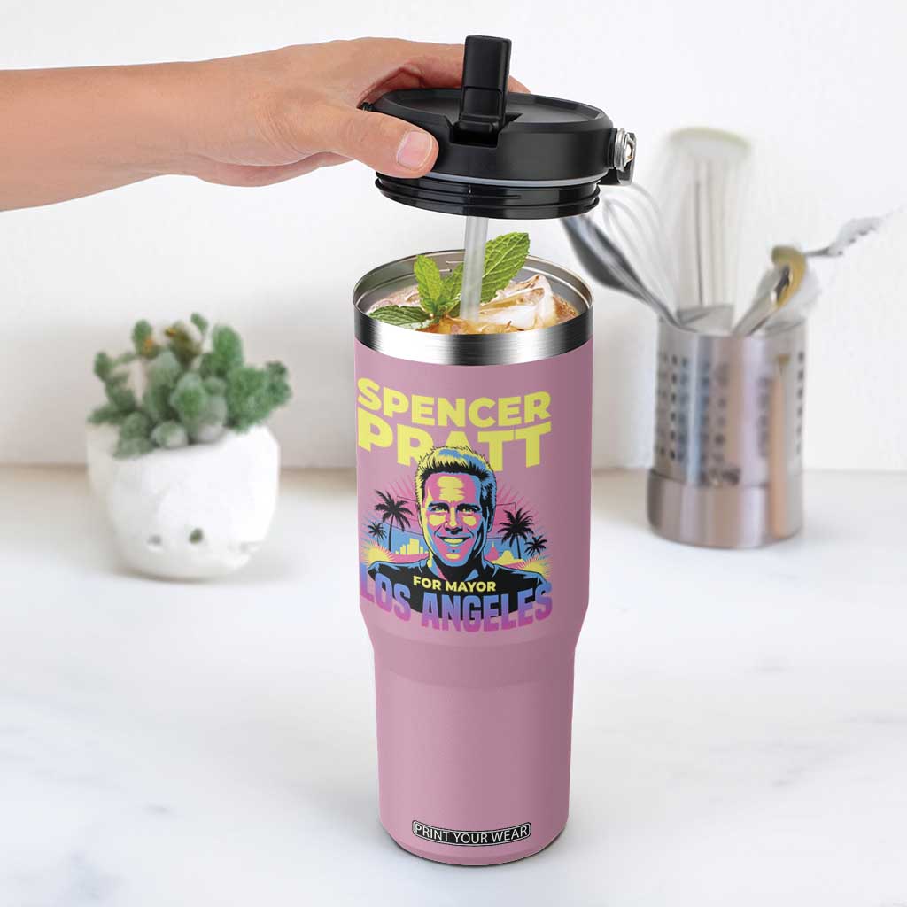 Spencer Pratt for Mayor Los Angeles Synthwave Graphic Flip Straw Tumbler Retro Neon California Supporter TS02 One Size: 30 oz Light Pink Print Your Wear