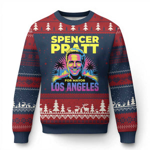 Spencer Pratt for Mayor Los Angeles Synthwave Graphic Ugly Christmas Sweater Retro Neon California Supporter TS02 Navy Red Print Your Wear