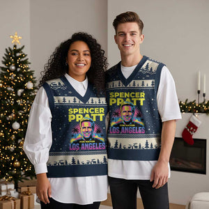 Spencer Pratt for Mayor Los Angeles Synthwave Graphic V-Neck Knit Sweater Vest Retro Neon California Supporter TS02 Navy Beige Print Your Wear