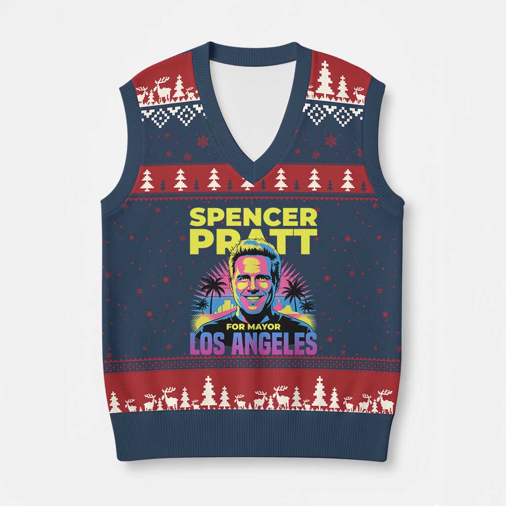 Spencer Pratt for Mayor Los Angeles Synthwave Graphic V-Neck Knit Sweater Vest Retro Neon California Supporter TS02 Navy Red Print Your Wear
