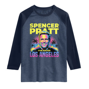 Spencer Pratt for Mayor Los Angeles Synthwave Graphic Raglan Shirt Retro Neon California Supporter TS02 Heather Denim Navy Print Your Wear