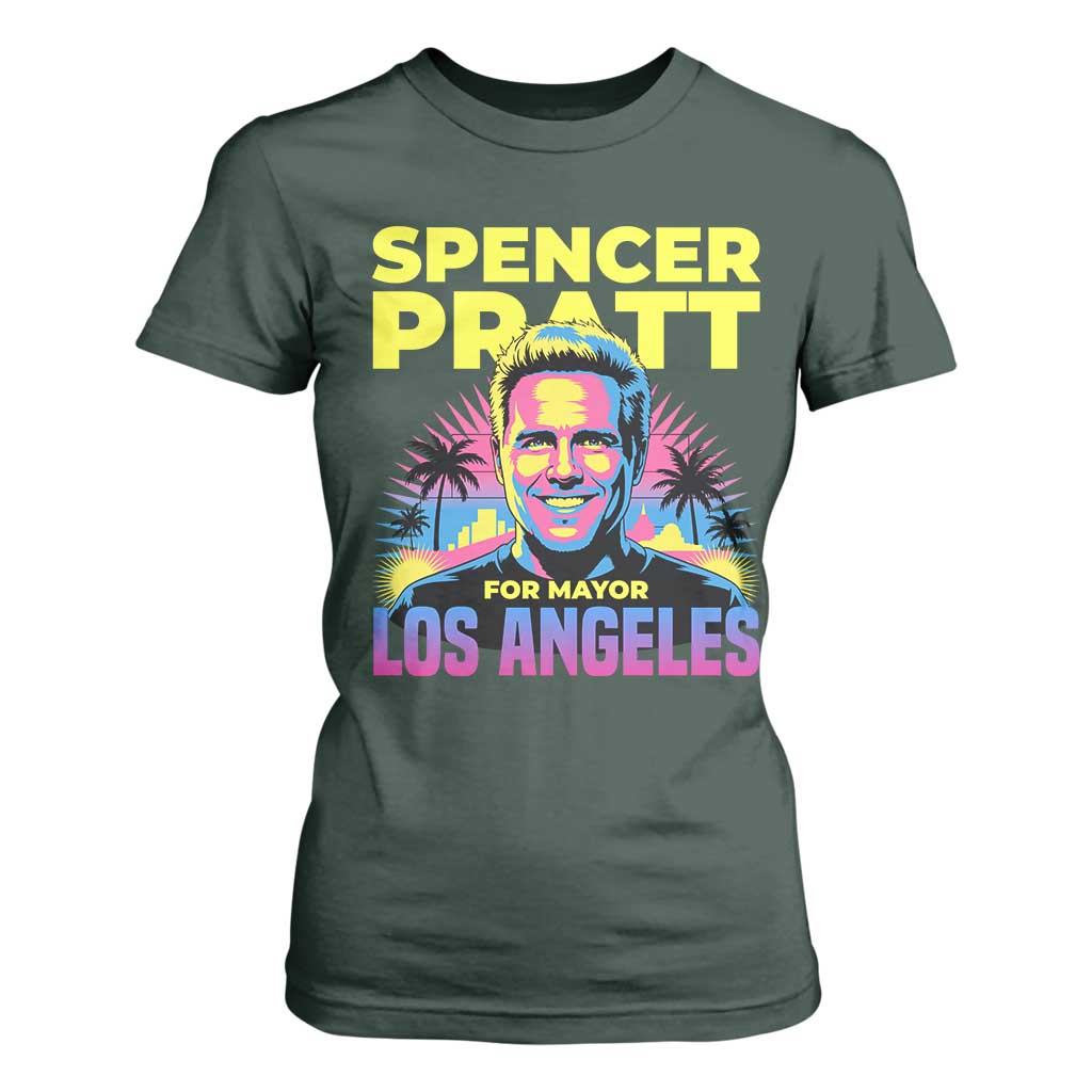 Spencer Pratt for Mayor Los Angeles Synthwave Graphic T Shirt For Women Retro Neon California Supporter TS02 Dark Forest Green Print Your Wear