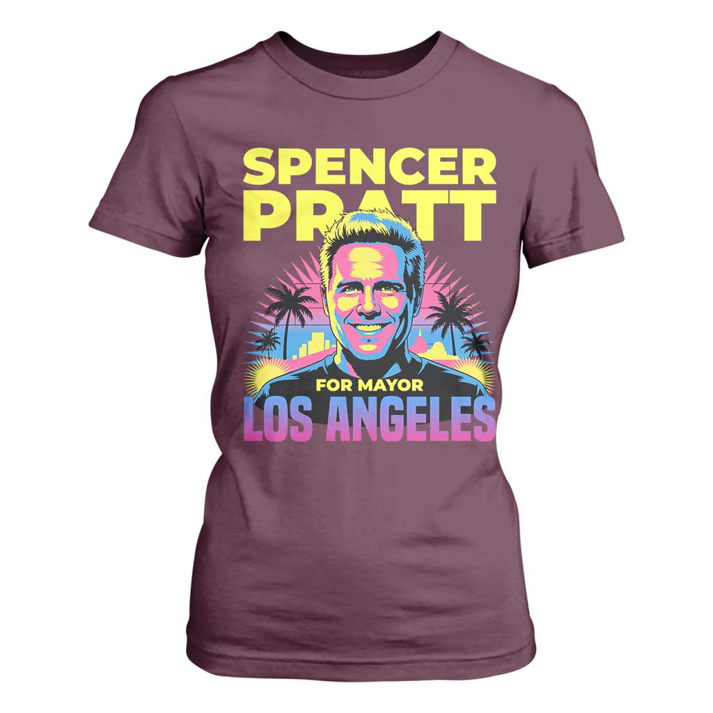 Spencer Pratt for Mayor Los Angeles Synthwave Graphic T Shirt For Women Retro Neon California Supporter TS02 Maroon Print Your Wear
