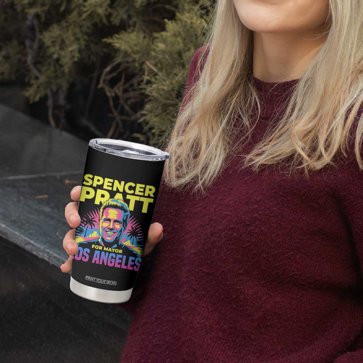 Spencer Pratt for Mayor Los Angeles Synthwave Graphic Tumbler Cup Retro Neon California Supporter TS02 Print Your Wear