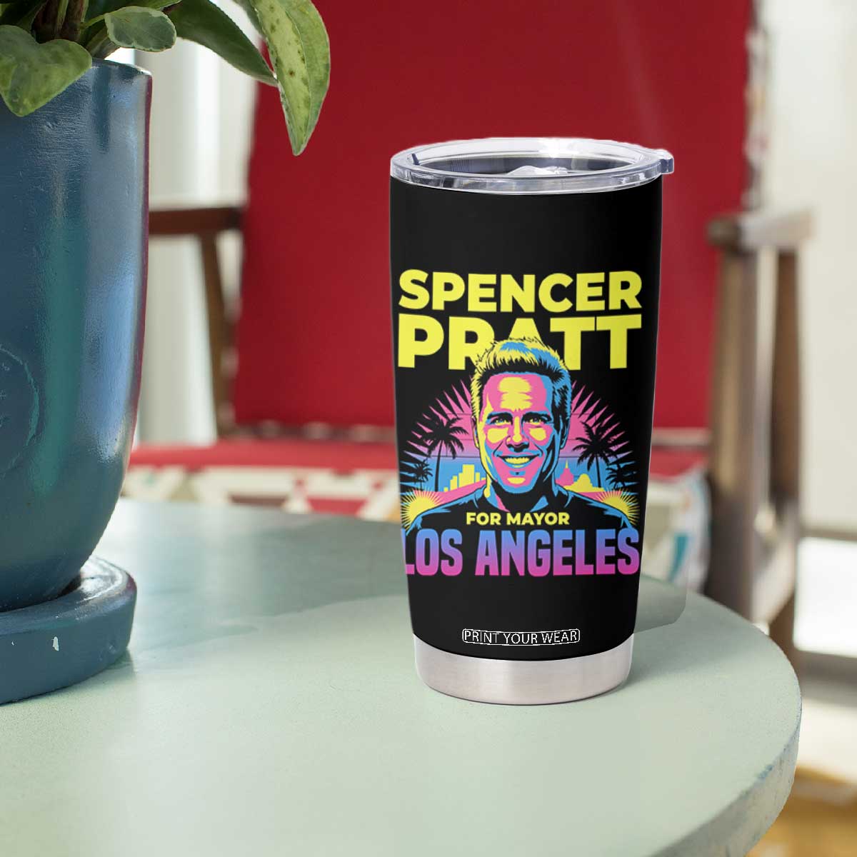 Spencer Pratt for Mayor Los Angeles Synthwave Graphic Tumbler Cup Retro Neon California Supporter TS02 Print Your Wear