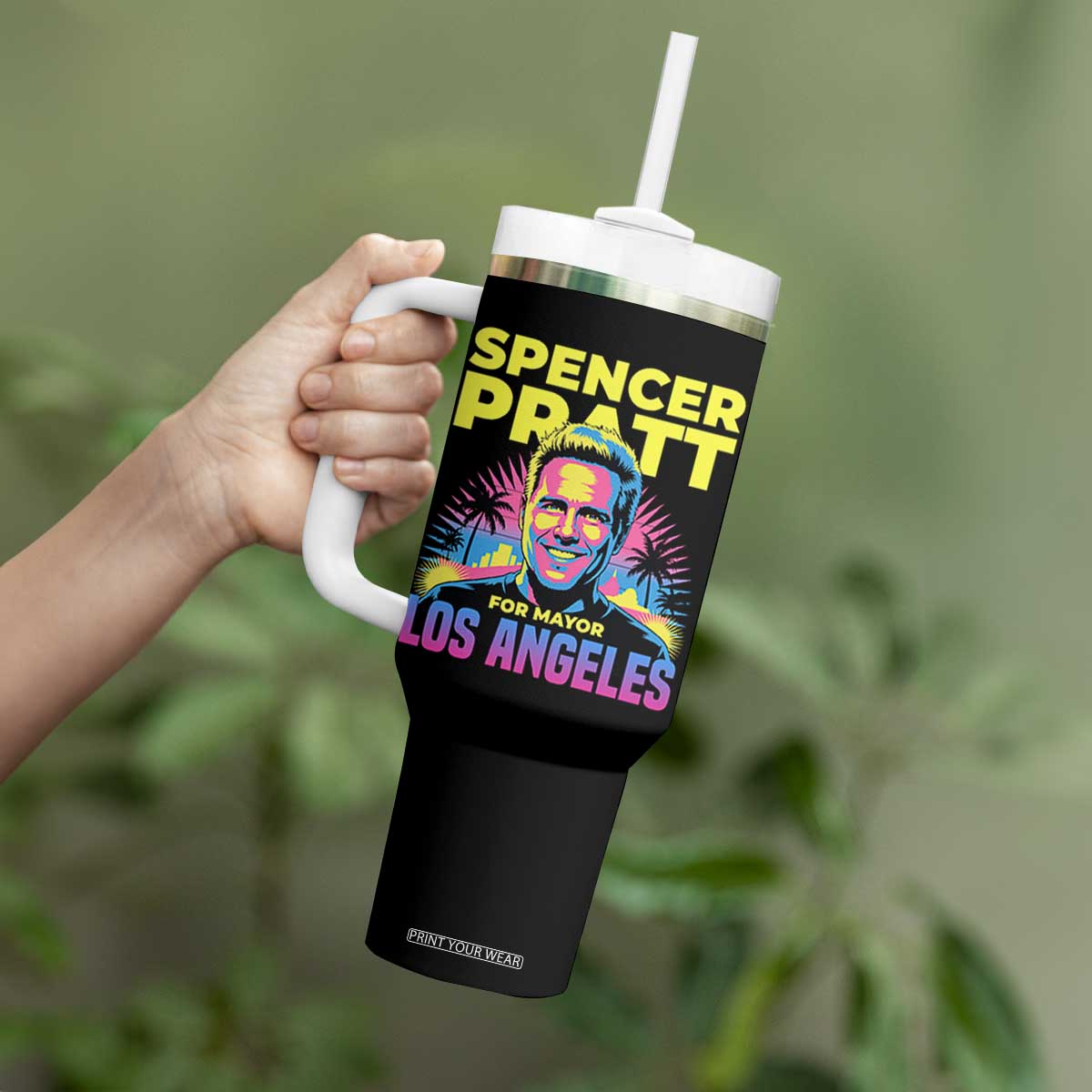 Spencer Pratt for Mayor Los Angeles Synthwave Graphic Tumbler With Handle Retro Neon California Supporter TS02 Print Your Wear
