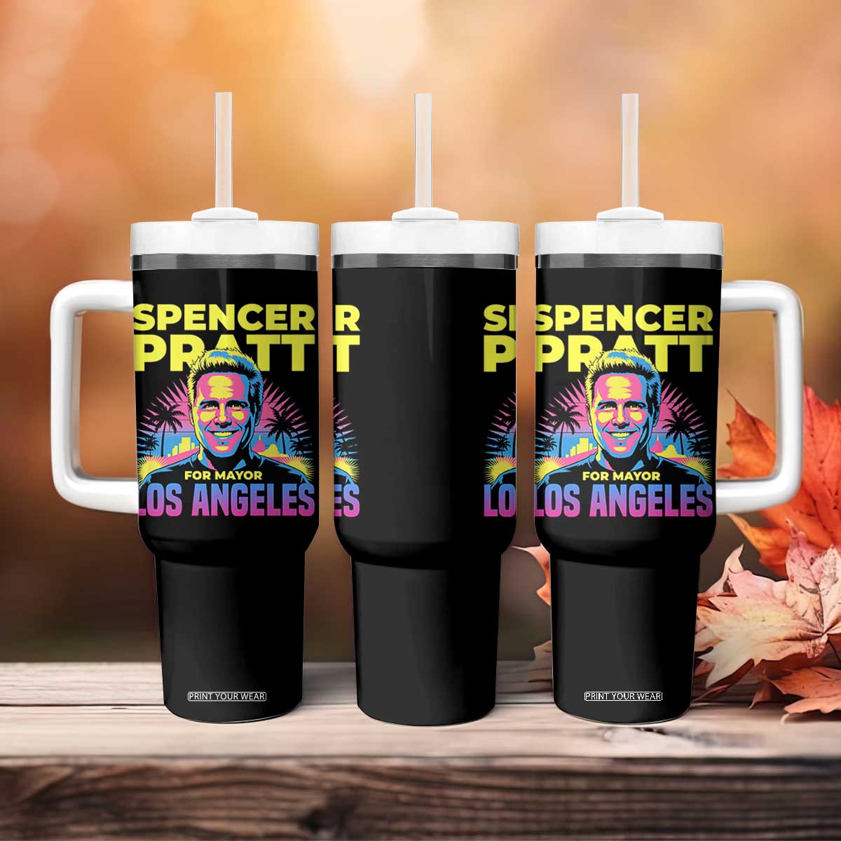 Spencer Pratt for Mayor Los Angeles Synthwave Graphic Tumbler With Handle Retro Neon California Supporter TS02 Print Your Wear