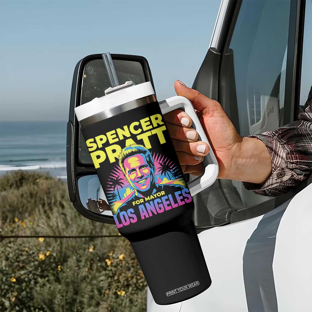 Spencer Pratt for Mayor Los Angeles Synthwave Graphic Tumbler With Handle Retro Neon California Supporter TS02 Print Your Wear
