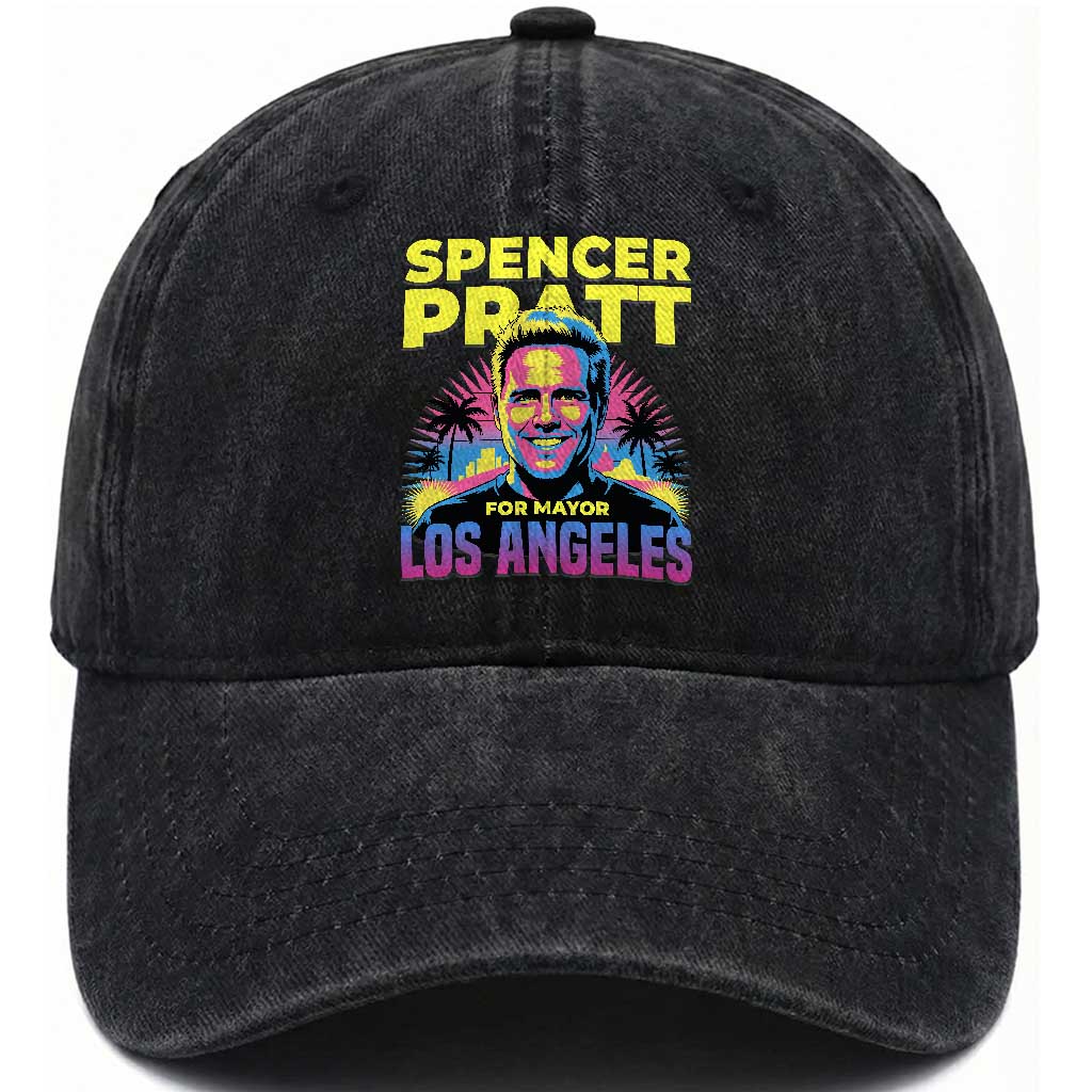 Spencer Pratt for Mayor Los Angeles Synthwave Graphic Washed Cotton Baseball Cap Retro Neon California Supporter TS02 Print Your Wear