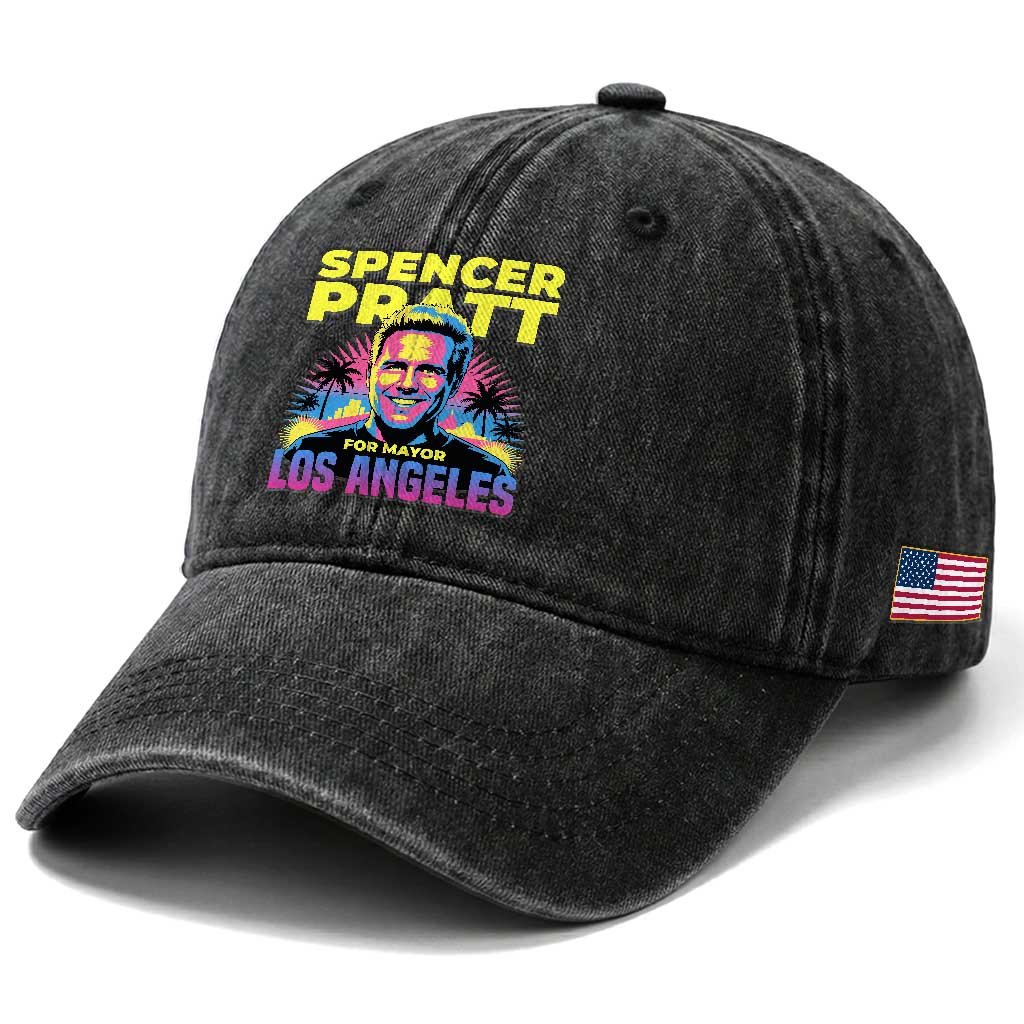 Spencer Pratt for Mayor Los Angeles Synthwave Graphic Washed Cotton Baseball Cap Retro Neon California Supporter TS02 Print Your Wear
