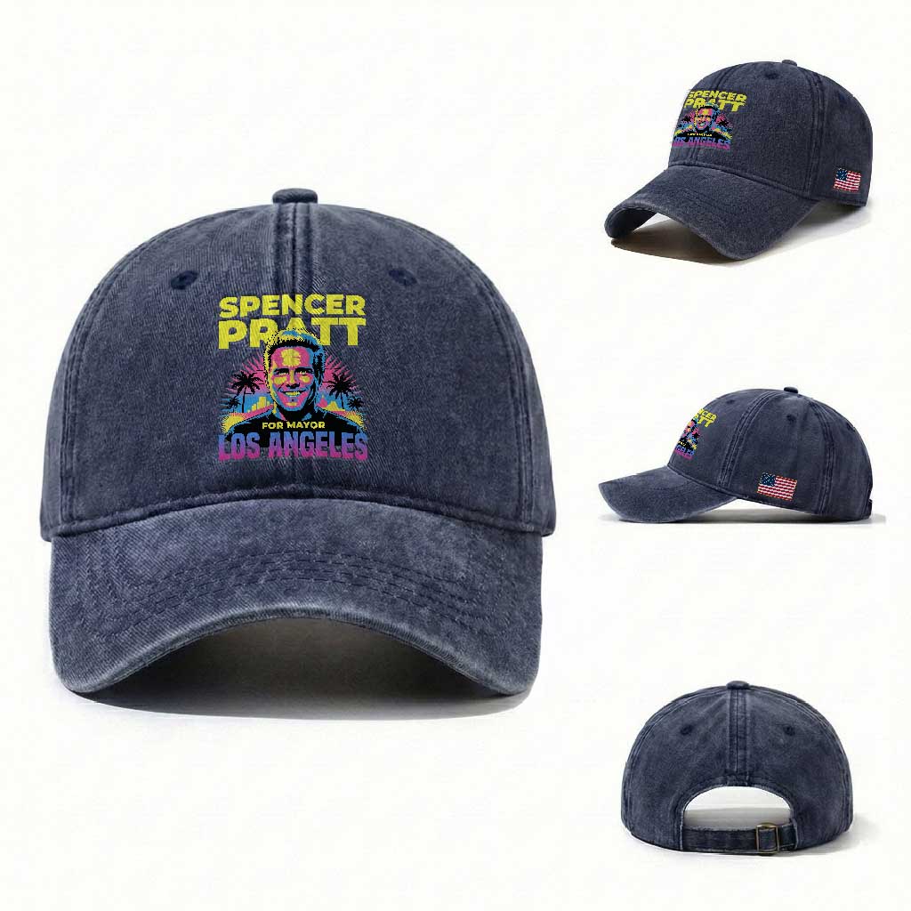 Spencer Pratt for Mayor Los Angeles Synthwave Graphic Washed Cotton Baseball Cap Retro Neon California Supporter TS02 Washed Cap Universal Fit Navy Print Your Wear