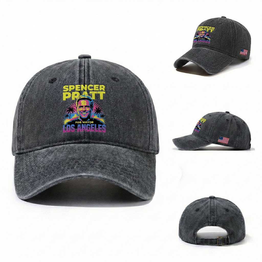 Spencer Pratt for Mayor Los Angeles Synthwave Graphic Washed Cotton Baseball Cap Retro Neon California Supporter TS02 Washed Cap Universal Fit Dark Gray Print Your Wear