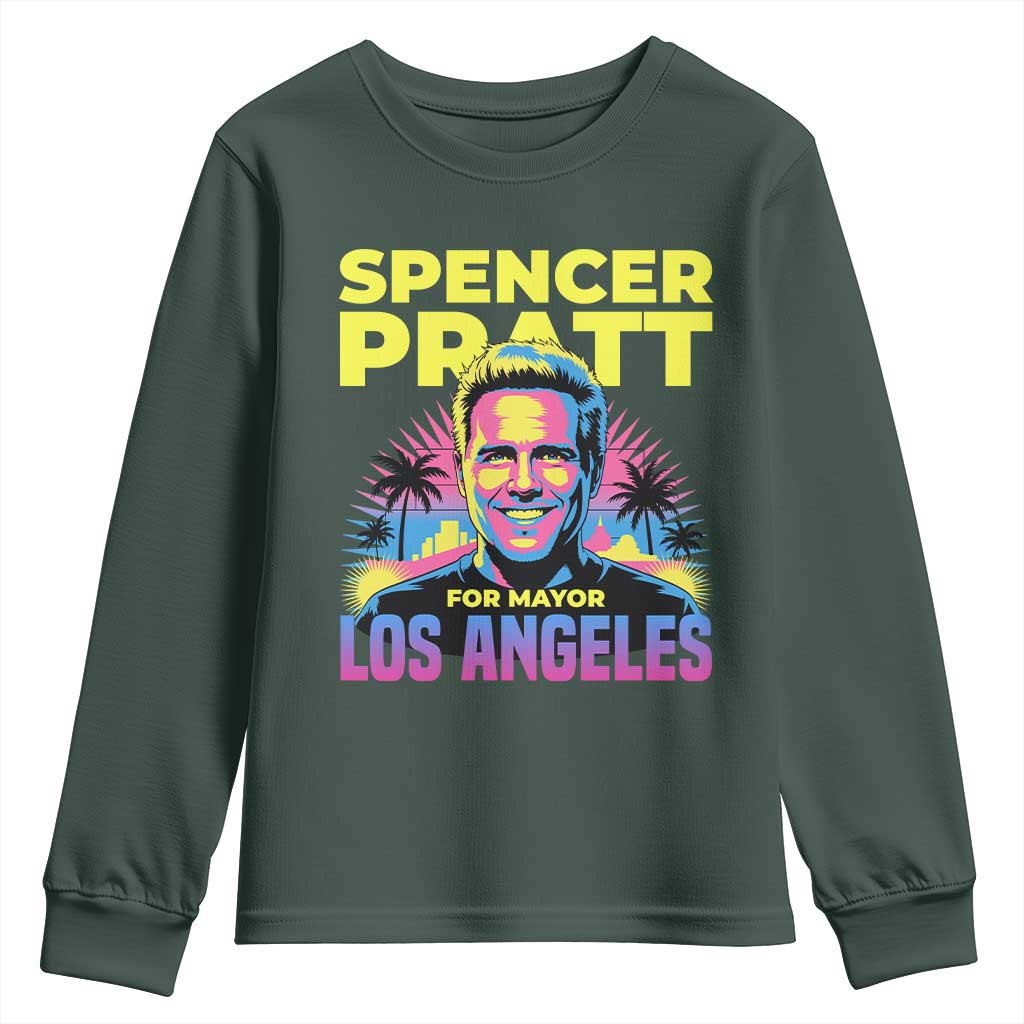 Spencer Pratt for Mayor Los Angeles Synthwave Graphic Youth Sweatshirt Retro Neon California Supporter TS02 Dark Forest Green Print Your Wear