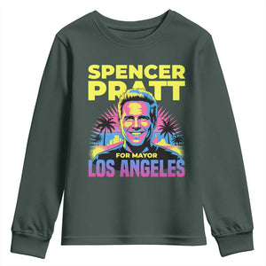 Spencer Pratt for Mayor Los Angeles Synthwave Graphic Youth Sweatshirt Retro Neon California Supporter TS02 Dark Forest Green Print Your Wear